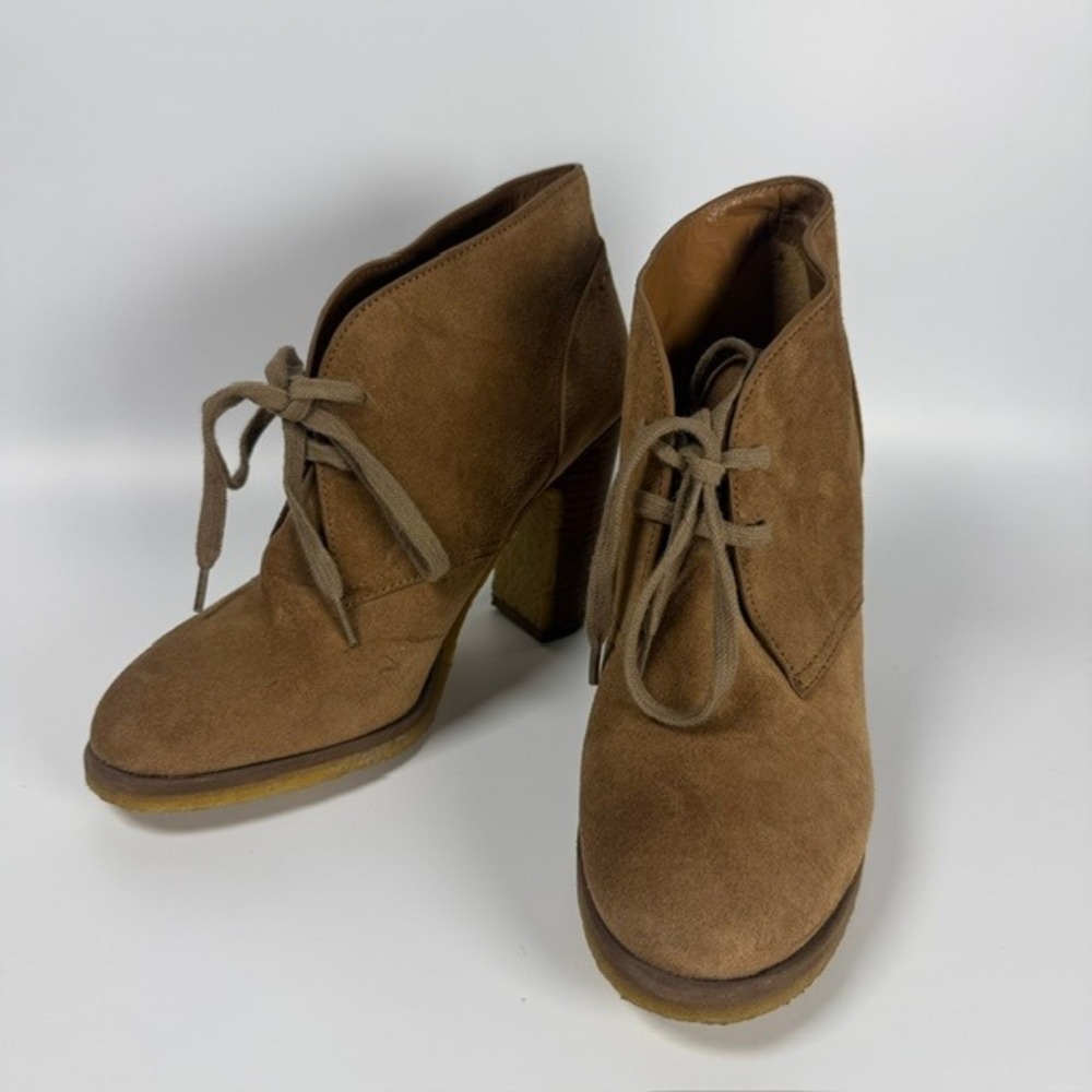 See by Chloe Camel Brown Suede Lace Block Heel Ankle Boots Booties | Size 38 / 8